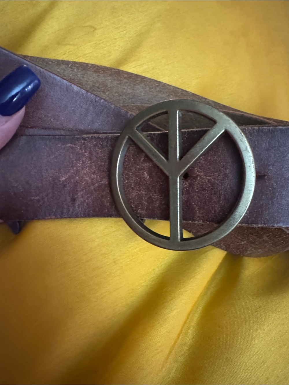 Mossimo Supply Co. Brown Leather Belt with Brass-Tone Peace Buckle Vintage 09